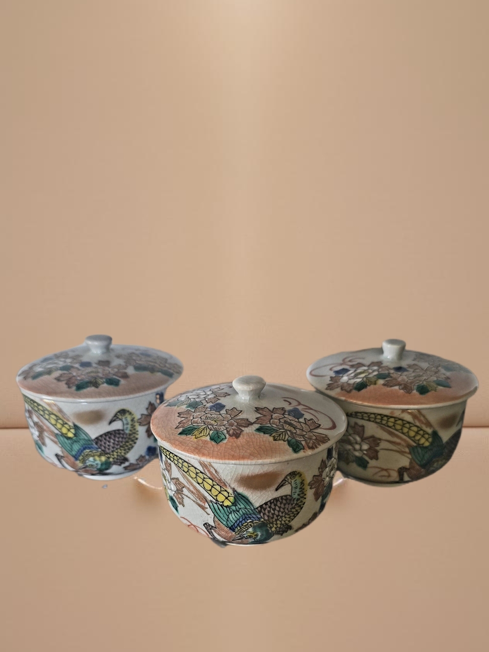 Vintage Japanese Kutani Yaki Lidded Teacup Seihō Gold Floral Aka-e Crackle Glaze